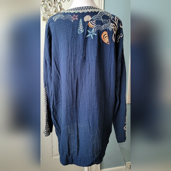 Johnny Was Byia Myrtle Embroidered V Neck Tunic Women's M Blue Multi Ocean Theme - Picture 4 of 15